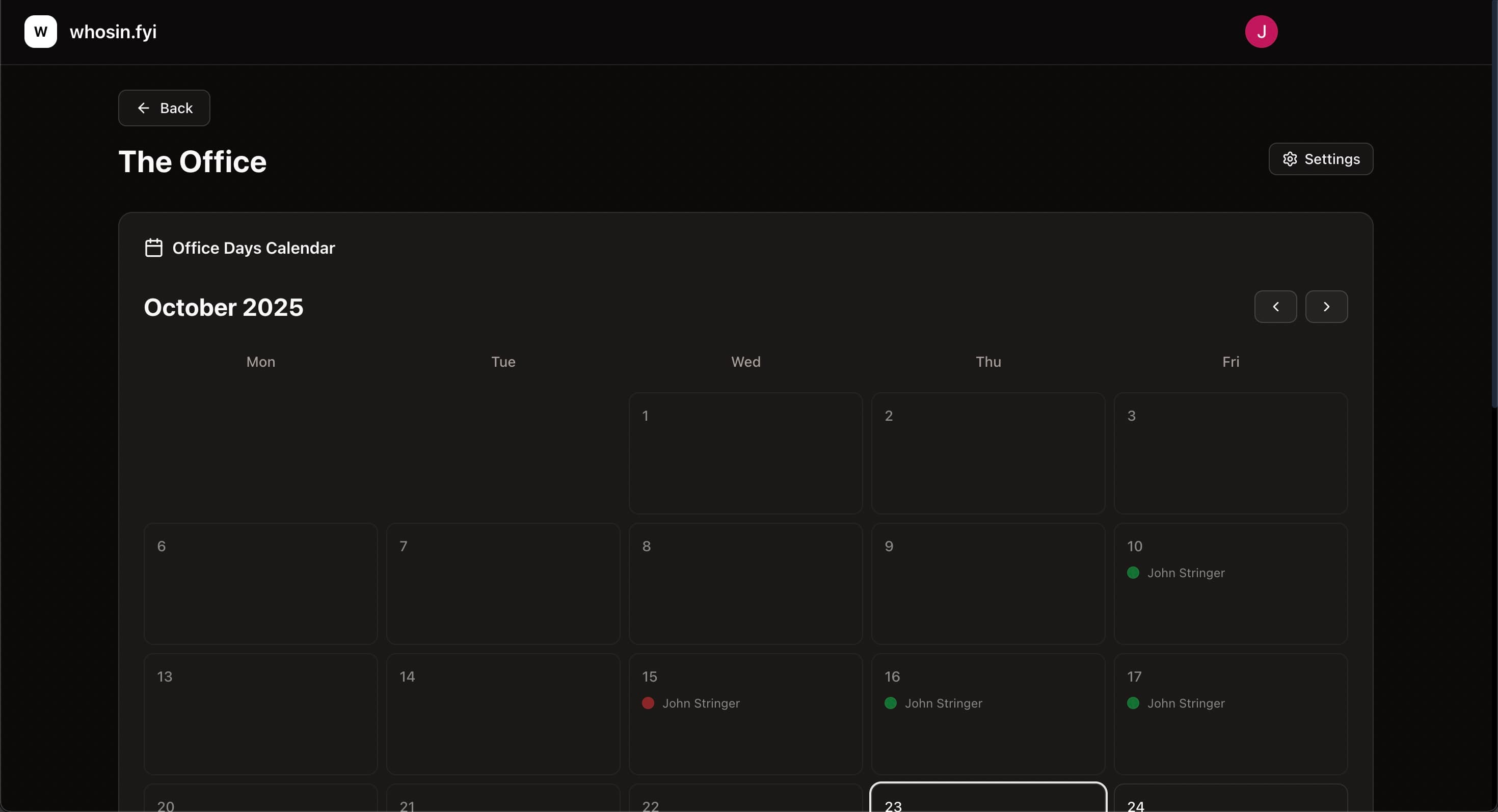 A screenshot of the whosin.fyi calendar interface showing team attendance